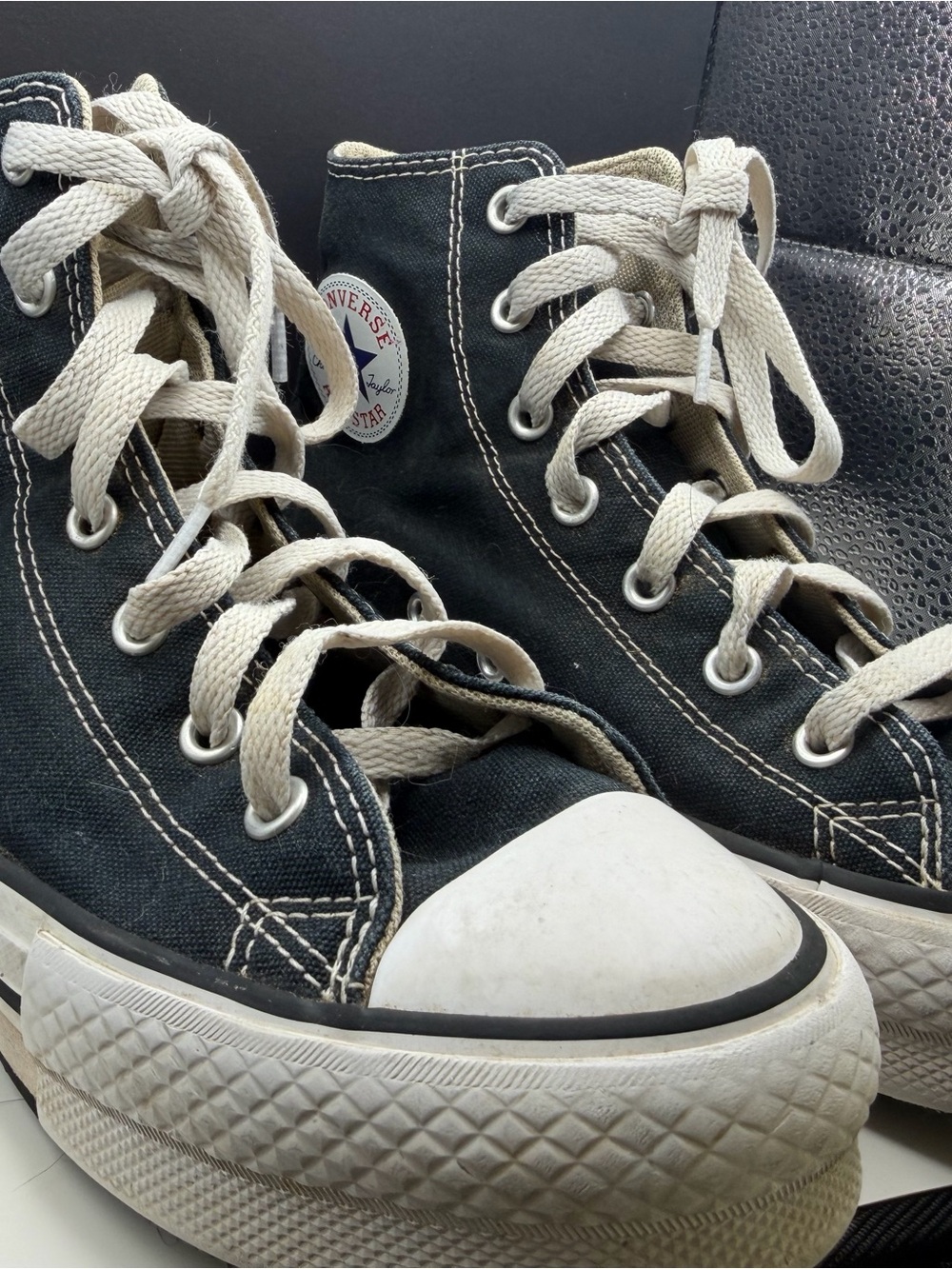 Converse Black High Top Kids Sneakers with White Laces, Size 5